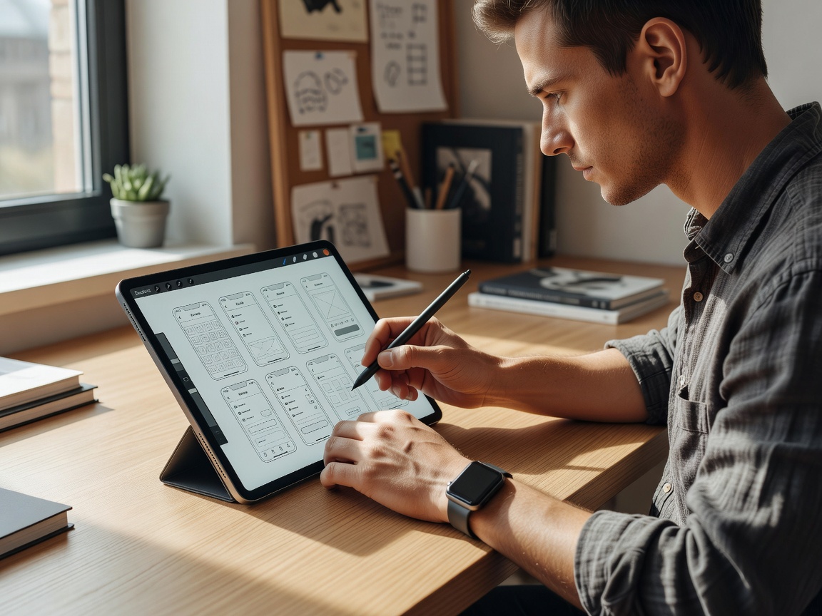 Designer sketching interface layouts on a tablet device