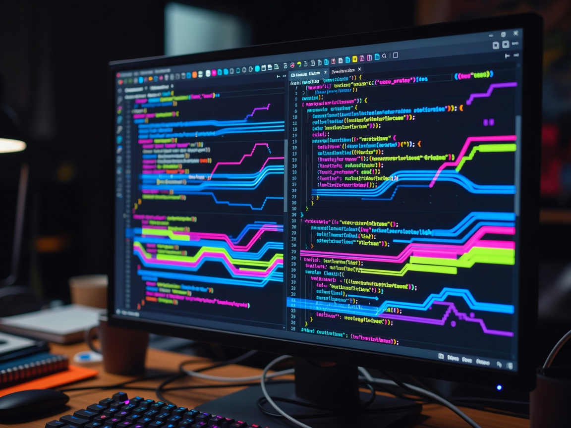 Screen with colourful programming code across multiple files